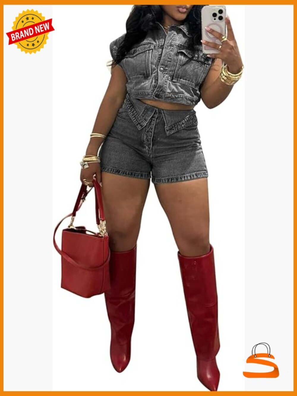 Y2K Denim 2 Piece Set - Cropped Vest & Asymmetrical Shorts